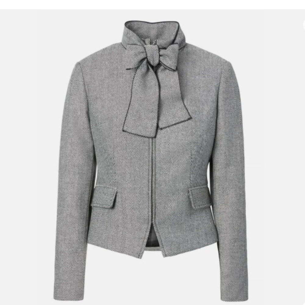 NWT Banana Republic Herringbone Black White Bow Neck Zip Front Blazer, 12.